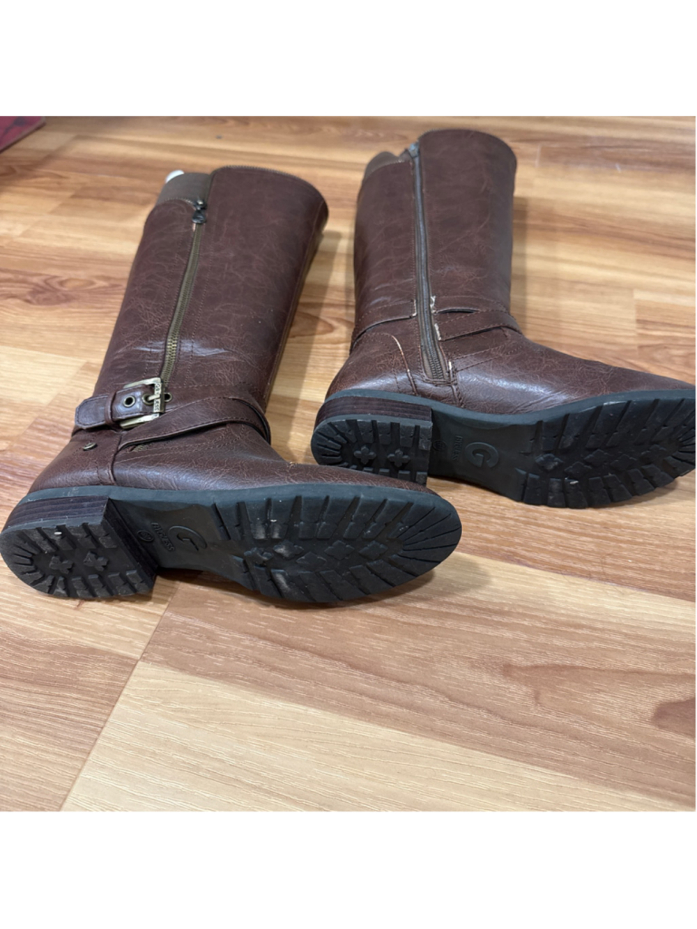 Women's Guess Brown Knee-High Riding Boots with Buckle Detail - Picture 2 of 8